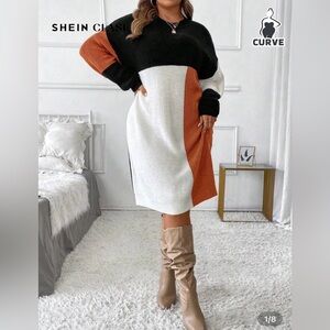 SHEIN Colorblock Long Sleeve Dress - Black, White, Orange
